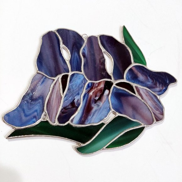 Vintage Stained Glass Sun Catcher Set 2 Hummingbird Iris Blue Violet Purple Hand - Picture 3 of 10
